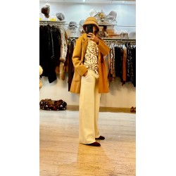 Conjunto punto jersey estampado cara gato y pantalón liso