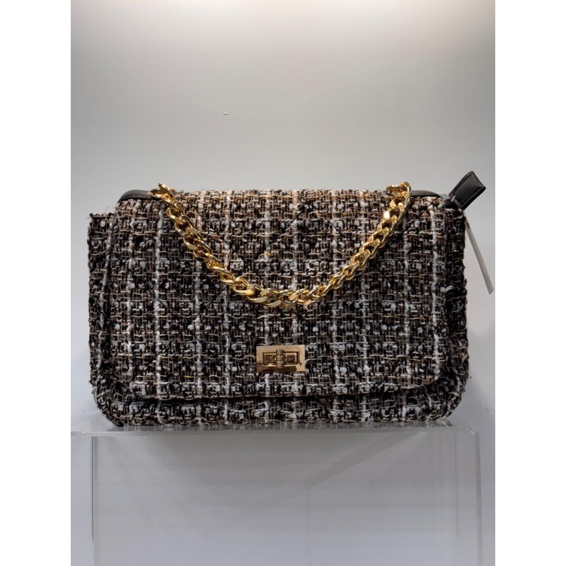 Bolso paño estampado cuadros gris con cadena